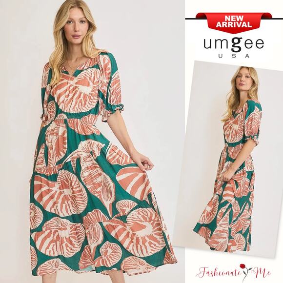 Umgee Printed Notched Neck Elastic Waist Short Puff Sleeves Midi Dress | Green - Picture 1 of 4